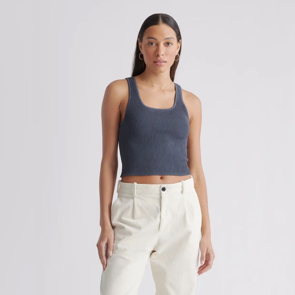 Quince Cropped Square Neck Ribbed Knit Tank in Grey Size L